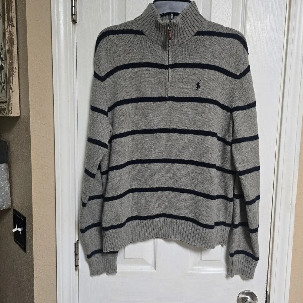 Polo Ralph Lauren Quarter Zip Sweater Men's Medium Gray & Blue Striped